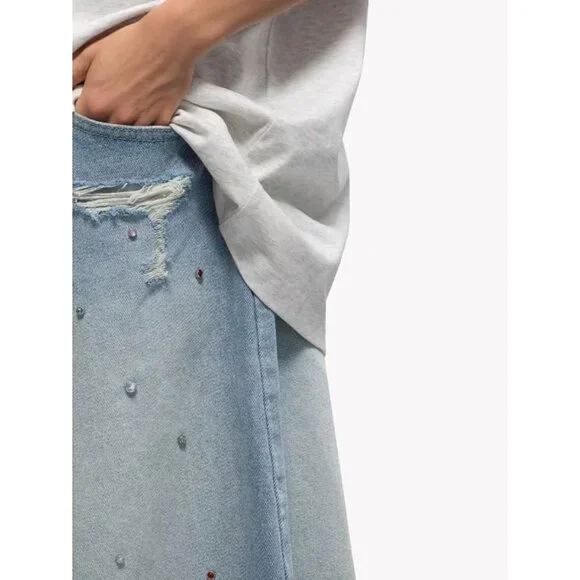 Unisex Denim Jorts Baggy Ripped Rhinestone Mid-Low Bermuda Streetwear - Picture 6 of 6